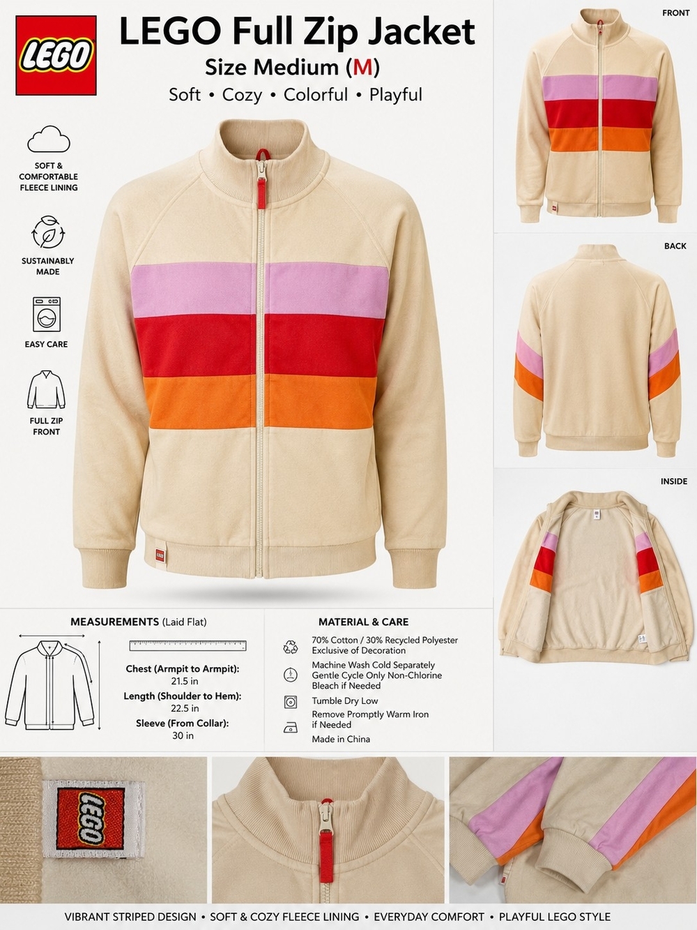 LEGO Kids Full Zip Jacket - Beige with Pink, Red & Orange Stripes S/MED